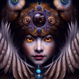 Insanely detailed photograph of an elaborate beautiful owl goddess intricate glowing skin eyes intricate face hair lashes fur dress hyperdetailed painting by Anna Dittmann Huang Guangjian and Dan Witz CGSociety ZBrush Central fantasy art album cover art 4K 64 megapixels 8K resolution HDR Greek shiny space colours jewelry celestial hair eyes light"