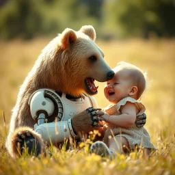 Cyborg bear playing with a laughing real human baby in a sunny field, Cinematic still, film grain, vignette, color graded, post-processed, cinematic lighting, best quality, atmospheric, a masterpiece, epic, stunning, dramatic