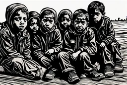 create a deeply powerful tragic, heart wrenching, and evocative, full body woodcut of a group of homeless and hungry young Muslim refugee children with highly detailed and deeply cut facial features, lost in a horrific post apocalyptic Gaza, in the style of KATHE KOLLWITZ , searing lines and forceful strokes