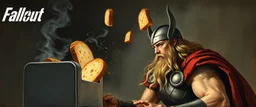 The mighty God Thor sees the toaster spit out some bread. The bread is jumping over his head. In the style of Rembrandt and Fallout 4