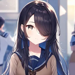 Clear focus, High resolution, long black hair, hair covering one eye, straight long locks, grey eyes, wearing a sailor uniform, wearing a sailor skirt, wearing a brown vest, cute, 1girl, fluffy hair