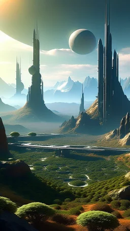 sci fi planet, futuristic tall city, mountains, strange alien plants