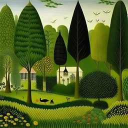 A green garden in a town painted by Henri Rousseau