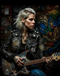 "Midnight Serenade unique" low view angle shot down village road , large close up a beautiful young blonde woman with a tattoos and punk style hairstyle wearing a cool black leather jacket like rocker style and holding a guitar, granite terrazzo motifs with puzzle modern clothing is decorated with colorful filigree abstract, Collage chutes papiers magazines,Spirograph background by Nisa Kiley, Textile Artist