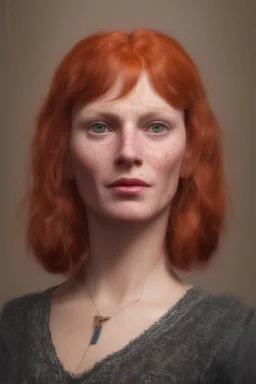 Woman 90 anni, cute, beautiful, orange hair, two braids, wild bangs, blue eyes, big eyes, freckles, long eyelashes, pink lipstick, thin lips, small nose, Gillian from Practical Magic, 8k resolution concept art portrait by Greg Rutkowski