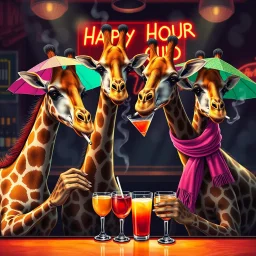 very Gay Giraffes standing in a bar drinking drinks with umbrellas, pride, makeup, smoking ciggarets, smiling, sparkling eyes, very happy, after dark, pink scarf, happy hour drinks sign