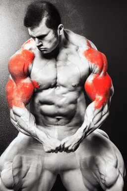 Bodybuilder in a spray-on tuxedo movie action painting Neutral Colors paper negative Space Intensity Proportion Emphasis fluowave style of Sports Illustrated style of Natsuki uruma