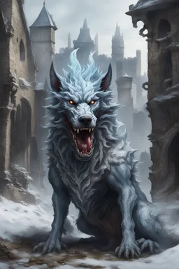 frost hellhound with hydra multiheaded in ruins of medival town