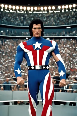 20-year-old, extremely muscular, short, curly, buzz-cut, military-style haircut, pitch black hair, Paul Stanley/Elvis Presley/Keanu Reeves/Pierce Brosnan/Jon Bernthal/Sean Bean/Dolph Lundgren/Patrick Swayze/ hybrid, as the extremely muscular Superhero "SUPERSONIC" in an original patriotic red, white and blue, "Supersonic" suit with an America Flag Cape,