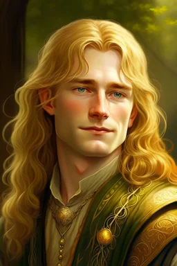 A young serene Lord Of The Rings like man with mid-length golden hair that cascades gracefully. His open eyes, with blind pupils, reflect a depth of wisdom and inner peace. A gentle smile graces his face, adding warmth to his tranquil demeanor.