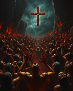 Bosch painting style, nightmare , a lot of sinners people suffering in hell crying for mercy and forgiveness begging for mercy looking up with hands up, dramatic, great quality picture with cinematic scenes
