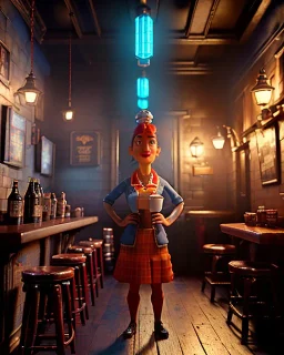 Pub scene, hybrid character, waitress sexy British woman with monster muppet mask that covers her entire head, Sesame Street style, retro style, short shirt, tray, beer, old school tattoo, hot, smooth, unreal engine 5, god lights, ray tracing, RTX, lumen lighting, ultra detail, volumetric lighting, 3d.