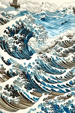 create a pattern of nuts, bolts, and hammers blending in to the white foam part of 'the great wave"in a japanese woodblock print style watercolour