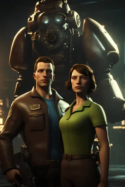 Nico Belic and woman in fallout 4 setting, bokeh, downlight, prize winning, depth of field, monster in background, stereoscopic cartoon storyline grid, glowing guns