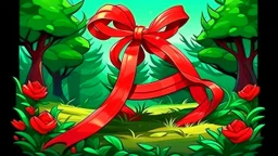 fantasy cartoon illustration: red ribbon tied around a shrub