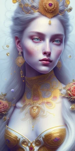 ultradetailed beautiful portrait painting of love Aphordite with short flowing grey-white hair and sharp piercing gaze of blue eyes, alluring beauty, wearing jewels, roses, ultra ornate, gold leaf deatils, wearing white smooth dress, by conrad roset, greg rutkowski and artgerm, trending on artstation