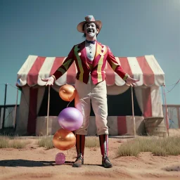 Ultra realistic circus scene. clown sweet man, waist up view, Wes Anderson style, happy, highly detailed, concept art, unreal engine 5, god rays, ray tracing, RTX, lumen lighting, ultra detail, volumetric lighting, 3d, finely drawn, high definition, high resolution.