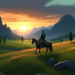 Au milieu dans la prairie et des rocheuses, un cavalier sur son cheval, contre jour crépusculaire, coucher de soleil au loin , style hyper réaliste, 8k, herbe verte et longue