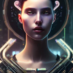 molly millions, closeup portrait of a young beautiful cyberpunk woman, mirror eye implants, black hair in a rough bun, sunset, neuromancer, street samurai, cyberpunk city background, megacity, gorgeous view, depth, painted by seb mckinnon, high detail, digital art, painted by greg rutkowski, trending on artstation