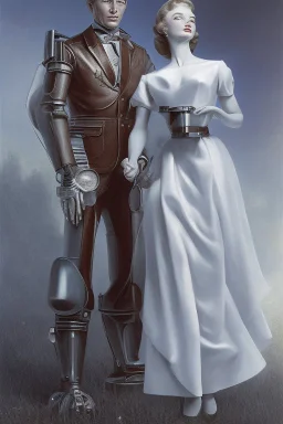 american dream painint man holding a robot wife1950s
