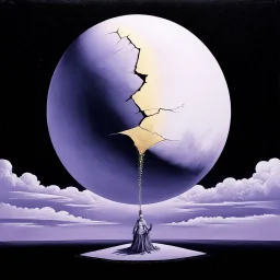 surrealism, on a blank black canvas, a surreal illustration of a colossal ethereal egg-like moon in the sky that is cracked with a lavender gold twilight emerging from the egg spreading into the empty sky, classic surrealist drawing and composition, by Salvador Dali, minimal concept art