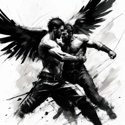 [art by Russ Mills with rough lines, expressive motion] Jacob wrestling with angel