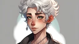 animated androgynous masc teen with short curly fluffy silver hair and piercings