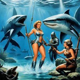 fishing like savages [art by Ray Harryhausen] Ah, the pressure is on! An extraordinary woman in a revealing outfit, flanked by two armored characters, under the water, surrounded by sharks in a futuristic or fantasy environment? My mind races for the picture... I can do it, boy! This calls for a blend of fantasy and danger, a visual feast for the eyes. The woman, a vision of strength and beauty, exudes confidence as the armored characters stand guard beside her. The sharks circle ominously, addi