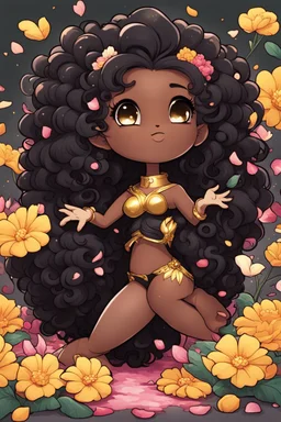 A sassy thick-lined comic book art cartoon black chibi girl lounging lazily on her side, surrounded by flower petals. She has a golden lion tail curling playfully behind her curvy body. Looking up coyly, she grins widely, showing sharp lion teeth. Her poofy hair forms a mane framing her confident, regal expression.