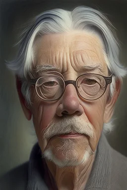 portrait of a man, in his seventies; small, short white locks and a goatee; wears a pair of round glasses