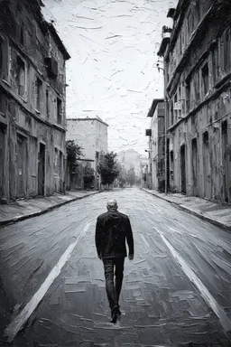 Man walks down empty street minimalist art in the style of Paul Klee with grunge heavy impasto textures