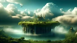 clouds, floating islands, waterfalls, sky, 8k