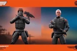 packaging label Mike pence g.i. joe toy With a gun space force uniform action figure, fluorescent orange, pricetag, snowcat