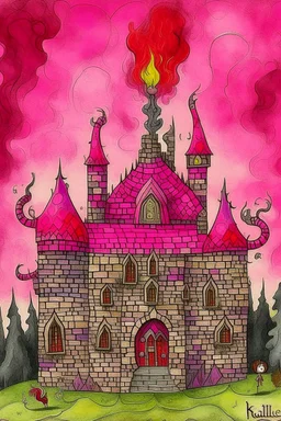 A blackish magenta demon chateau with chaotic fire designed in Ica stones painted by Paul Klee