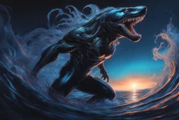 Huge symbiote in 8k solo leveling shadow drawing, shark effects, neon blue lights, sea, intricate details, highly detailed, high details, detailed portrait, masterpiece,ultra detailed, ultra quality