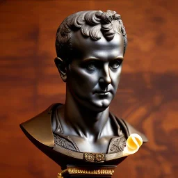 bronze bust of caligula, ancient, magic,on dark wooden piano with drinking glass,compass,brilliance, candle, gold coins strewn