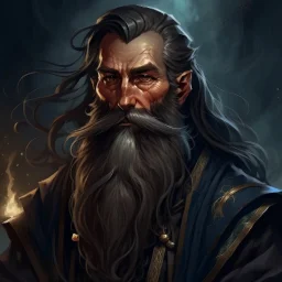 dnd, fantasy, wizard, portrait, face, close up, long beard, black as night hair, angular features, long, slender, wrinkles, professor, handsome