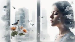 white background, Double exposure, woman, city, window, one bird, flower, room, detailed, high detail, high resolution, 8K, Double exposure