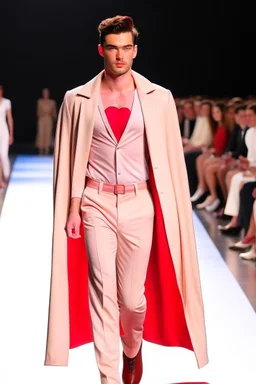 A guy on a fashion runway with Superman elegant Clothes in neutral colors