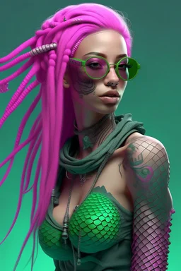 entire body mermaid cyberpunk some fish scales on face pink hair dreadlock sunglasses