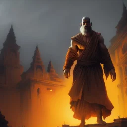 Portrait of a monk, fog, distant temple, profile, grim, dark, Frank Frazetta, Greg Rutkowski, hyperdetailed, dnd, trending on Artstation, Splash screen art, dynamic lighting, hyperdetailed, intricately detailed, a masterpiece, 8k resolution, high contrast, bearded,