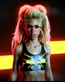 portrait, Shakira, blonde artist, angry, Realistic image, MMA robe, hoodie, mma gloves, loose long hair, fight pose, eyes, make-up, gold line make-up, moisture, sweat, fog, goddess, Neon colors, leds. Black background, photo studio, concept art, smooth, unreal engine 5, god lights, ray tracing, RTX, lumen lighting, ultra detail, volumetric lighting, 3d, finely drawn, high definition, 4k.