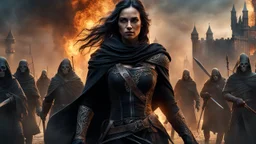 a female warrior in black cloth and gloves leading an army of the dead through a burning medieval city. the apocalypse. empty hands. blood. magic in the sky. fantasy setting. intense horror. blind terror. scared to death. a masterpiece, fantasy concept art, dynamic lighting, hyperdetailed, intricately detailed, deep color, Unreal Engine, volumetric lighting, Epic cinematic brilliant stunning intricate meticulously detailed dramatic atmospheric maximalist digital matte painting