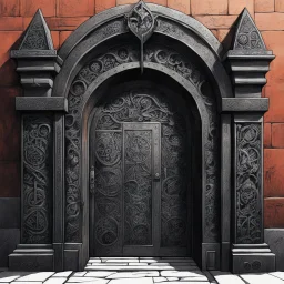 [illustration by Grzegorz Rosiński] Ahead, an archway of fused bone and skulls frames an ancient iron door etched with strange, angular sigils. The air smells of old blood and something… burnt.