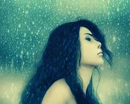 Prompt : a beautiful young woman melancholic with wave rain portrait sensuel art nouveau réaliste 4K