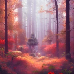  pastel colors, future art , red, orange, white,brown,son, earth, wod, trees, flowers, forest