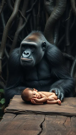 A gorilla in the background of black vein, human veins, mixing together a lot of them, like a forest, big and small veins a lot of them, a baby sleeping on an old broken wooden table
