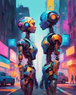 a couple of people standing next to each other on a street, yikes art, inspired by Wadim Kashin, afrofuturism, facing each other, portrait of a robot, nielly, beeple and jeremiah ketner, robot art cracking the road, lowres, solar punk city, lovers, couple