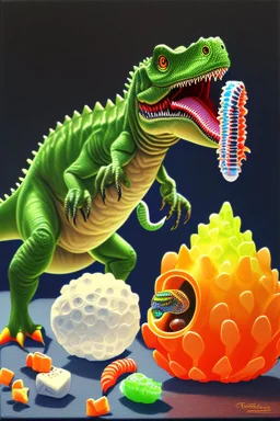 In this still life painting, a small plastic dinosaur is facing off with a gummy worm, both looking rather stern. The dinosaur has its tiny arms crossed in defiance, while the gummy worm seems to be attempting to reason with it. Meanwhile, a lone marshmallow sits nearby, looking bewildered by the whole situation. It's a humorous take on the clash between toys and sweets, with a touch of dry wit.