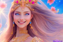 Beautyful smiling young woman, long hair amazing blue eyes, flowers, happy cosmic, bright colors, blue, pink, gold, jewels, realistic, photo real, clear sunny background, highly detailed, high contrast, 8k high definition, unreal engine 5, extremely sharp detail, light effect, sunny light background